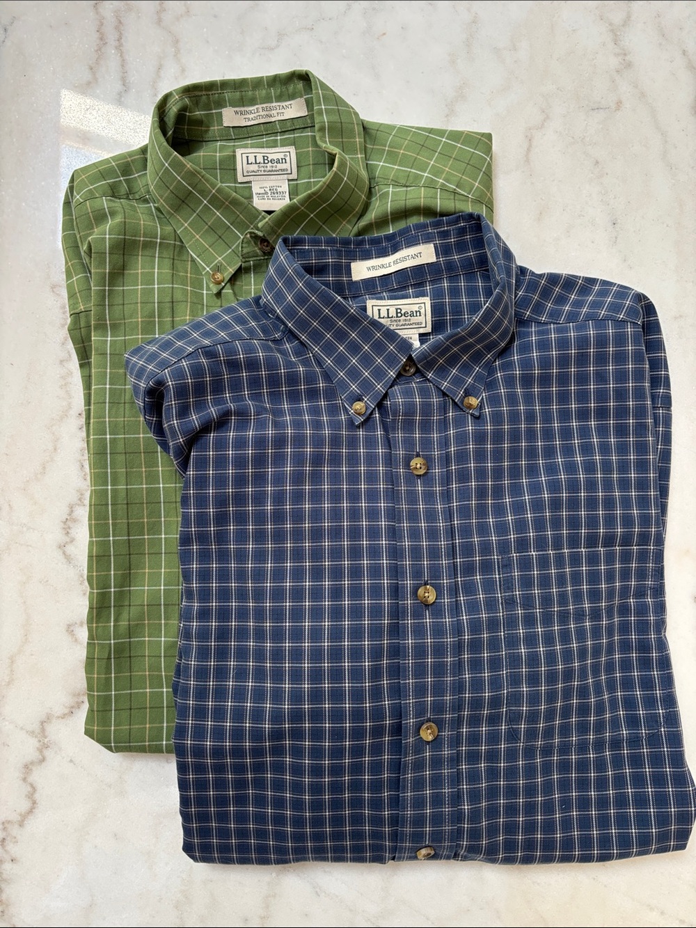 2- L.L. Bean Men's Button-Down Plaid Shirts in Blue and Green